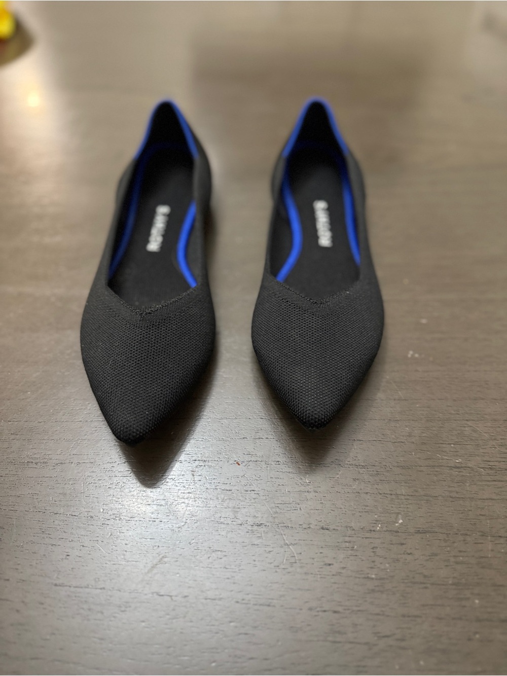 Rothy's Black Pointed Knit Flats with Blue Inner Trim